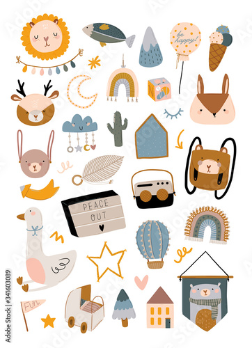 Cute baby shower in scandinavian style including trendy quotes and cool animal decorative hand drawn elements. Cartoon doodle kids  illustration for nursery room decor, children design. Vector.