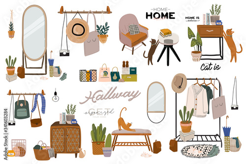 Stylish Scandinavian bedroom interior - bed, sofa, wardrobe, mirror, night stand, plant, lamp, home decorations. Cozy modern comfy apartment furnished in Hygge style. Vector illustration. Isolated