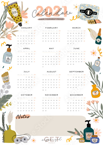 Wall calendar. 2021 Yearly Planner with all Months. Good school Organizer and Schedule. Cute floral and cosmetic background. Motivational quote lettering. Beauty vector illustration in trendy style