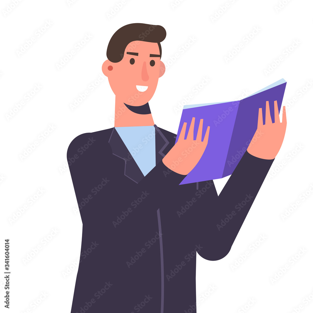 Student reading book,  preparing for examination. Books lover concept. Vector Illustration