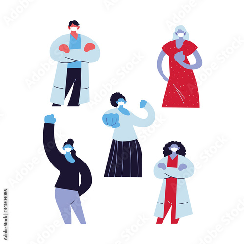 set of doctors and people with medical face mask, fight coronavirus