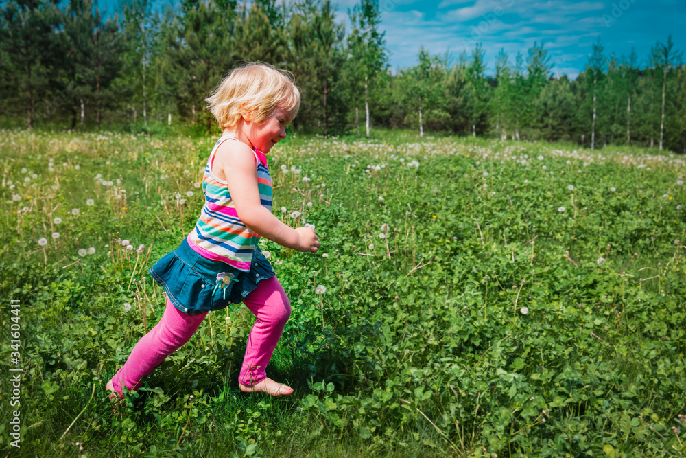 happy little girl run and play in summer nature, happy little girl run and play in summer nature,