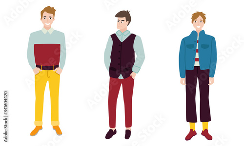Set of three fashion young men in classic youth clothes.Vector illustration in flat cartoon style