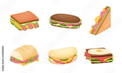 Set of delicious juicy sandwiches filled with vegetables, cheese, meat, bacon. Vector illustration in flat cartoon style