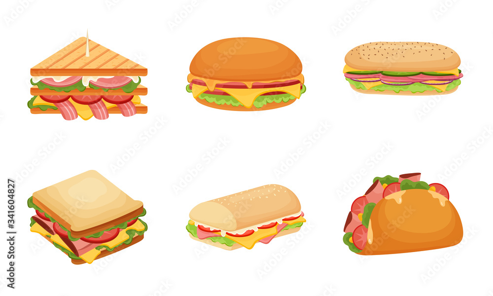Set of delicious juicy sandwiches filled with vegetables, cheese, meat, bacon. Vector illustration in flat cartoon style Set of delicious juicy sandwiches filled with vegetables, cheese, meat, bacon. Vector illustration in flat cartoon style