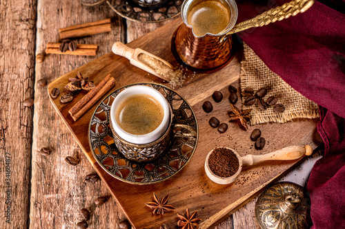 Coffee concept photography on a natural wood background