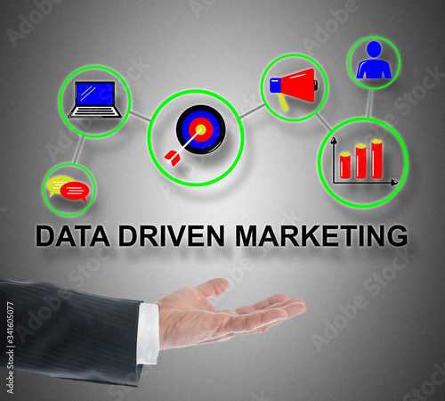 Data driven marketing concept levitating above a hand photo