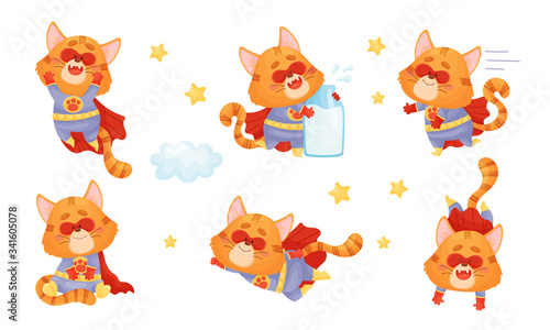 Superhero Cat Wearing Red Cloak and Mask Flying and Holding Milk Bottle Vector Set