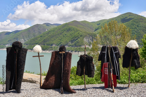 Traditional Caucasian Georgian sheepskin clothes and hats