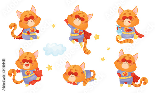 Superhero Cat Wearing Red Cloak and Mask Flying and Holding Fish Vector Set