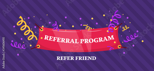 Referral program red banner. Refer a friend marketing design badges, advertising for business cartoon vector
