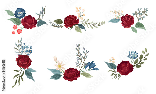 Flower Arrangement with Showy Rose Blossom in the Middle and Branched Twigs Vector Set