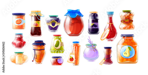 Home made jam in beautiful glass jars of various shapes. Realistic homemade marmalade traditional. Healthy jelly food from fruits. Sweet tasty fruit dessert food. Vector illustration.