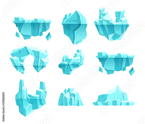 Iceberg cartoon set. Crystals of ice, iceberg broken pieces of ice, blue cold frozen blocks ice rocks winter, arctic, antarctic winter landscape for game design cartoon vector isolated