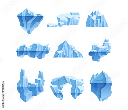 Iceberg cartoon set. Crystals of ice, iceberg broken pieces of ice, blue cold frozen blocks ice rocks winter, arctic, antarctic winter landscape for game design cartoon vector isolated