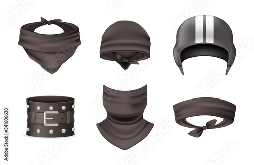 Realistic black biker and cowboy clothing. Biker clothes and accessory silk headband bandana scarf helmet wristband bandage. Protecting face and body vector isolated