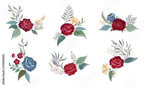 Flower Arrangement with Showy Rose Blossom in the Middle and Branched Twigs Vector Set