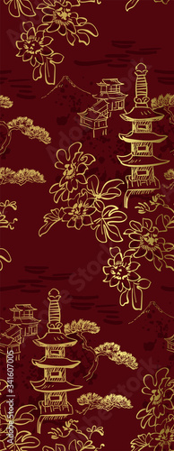 toro flower temple mountain nature landscape view vector sketch illustration japanese chinese oriental line art ink seamless pattern