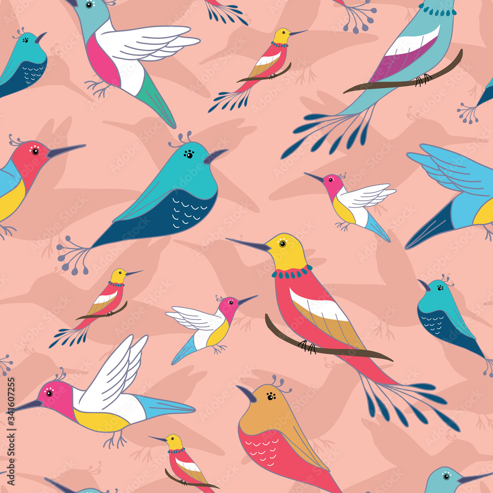 Fototapeta premium Seamless pattern with colorful abstract birds on pink background with silhouettes