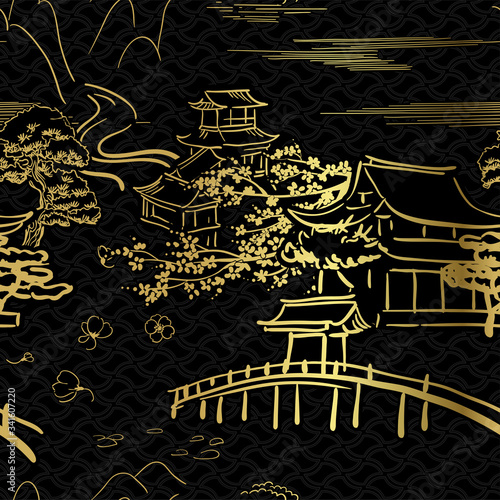 japanese motive symbols vector sketch pattern gold dark black