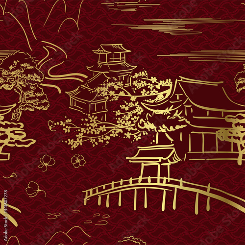 japanese motive symbols vector sketch pattern gold dark red