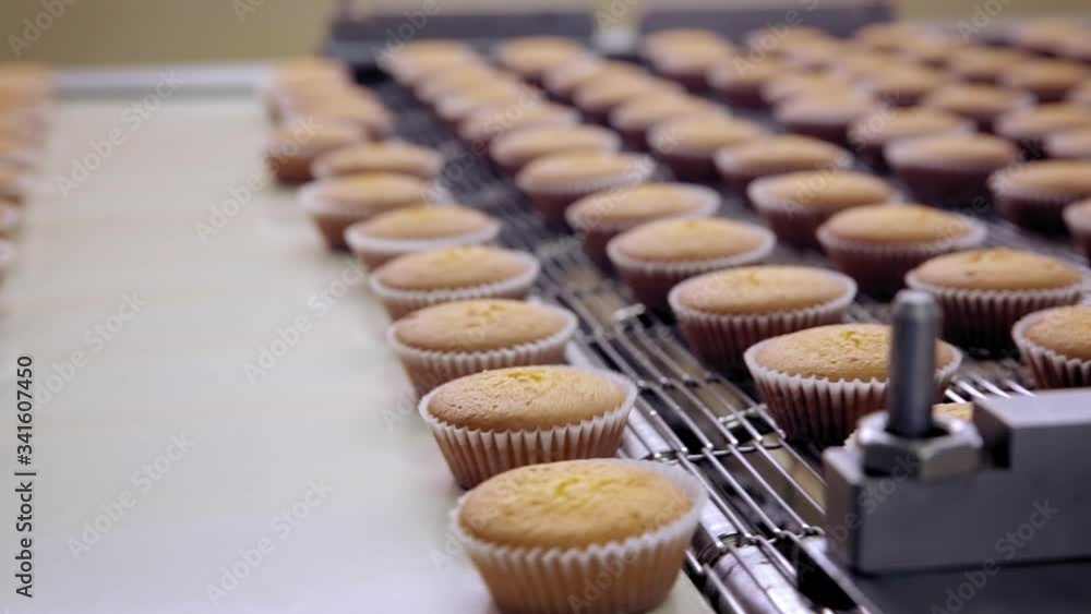 Closeup on cupcakes falling on a conveyor belt on a food factory’s production line Closeup on cupcakes falling on a conveyor belt on a food factory’s production line