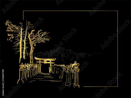 thorium toro alley view landscape card vector sketch illustration japanese chinese oriental line art black gold