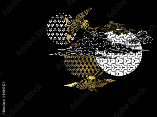 crane bird circles clouds japanese chinese vector design pattern card black gold