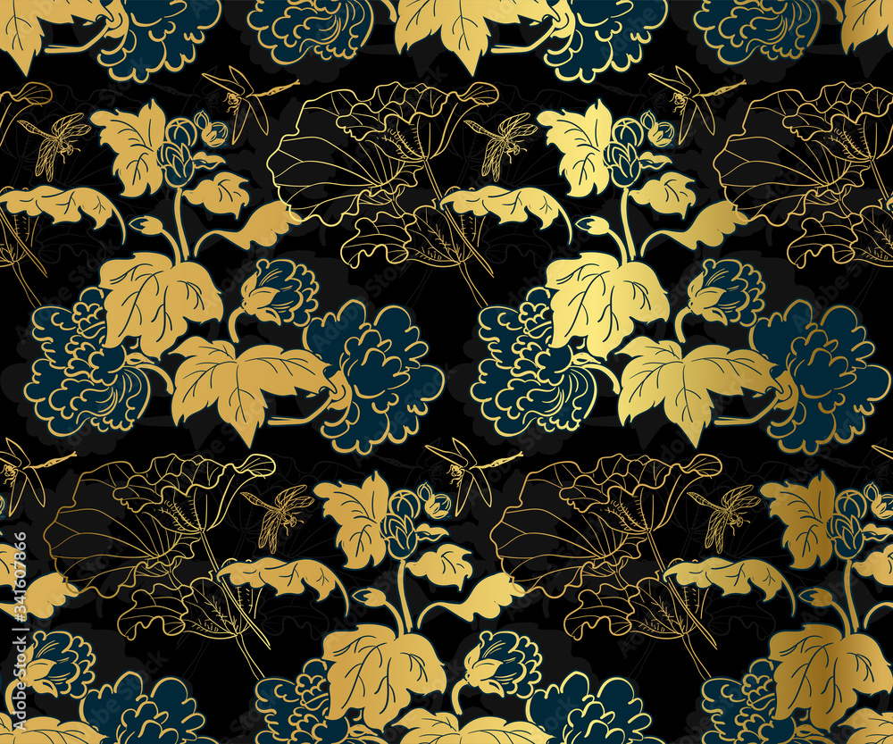 Foto auf Acrylglas mit japanisch chinesisch design skizze tinte malen stil nahtloses muster chrysanthemen schwarz gold blau #341607866