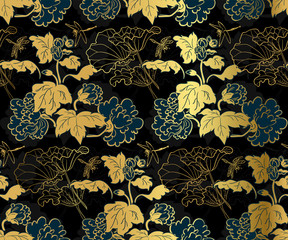 Handdoek met foto Zwart goud patronen Japanse chrysanten inkttekening blauw goud  © CharlieNati
