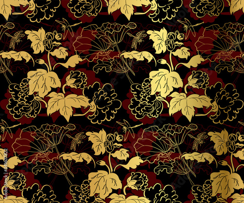 japanese chinese design sketch ink paint style seamless pattern chrysanthemums black gold red