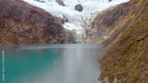 Arhuaycocha lake, in the santa cruz treking, peruvian andes, frontal fly. photo