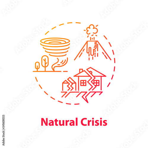 Natural crisis concept icon. Environmental issues, ecological disaster idea thin line illustration. Tornado, earthquake, volcano eruption. Vector isolated outline RGB color drawing
