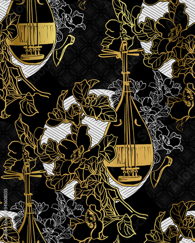 biwa vector sketch illustration line art japanese chinese oriental design seamless pattern black gold