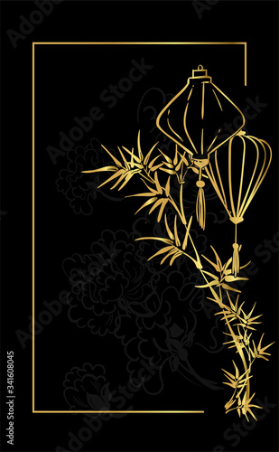japanese vector sketch illustration engraved chinese paper lights lantern card bamboo gold black