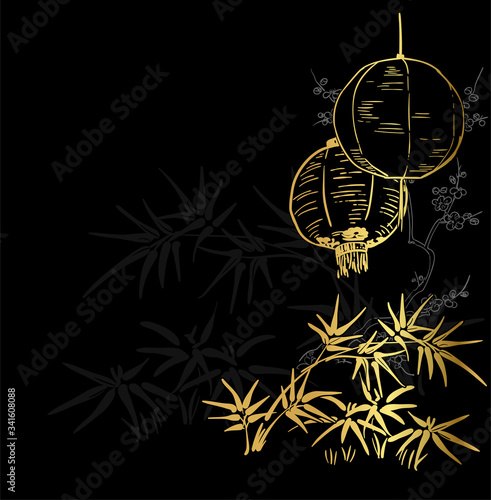 japanese vector sketch illustration engraved chinese paper lights lantern card bamboo gold black
