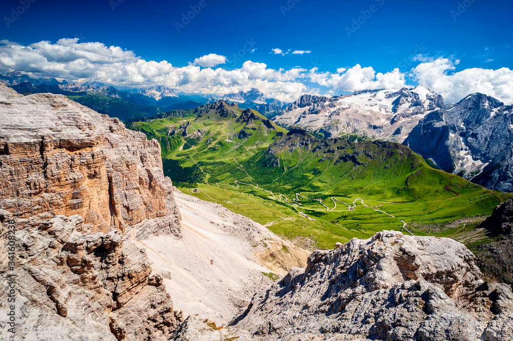 Belvedere and Marmolada Glacier seen from Sass Pordoi. Trentino Alto Adige, Italy