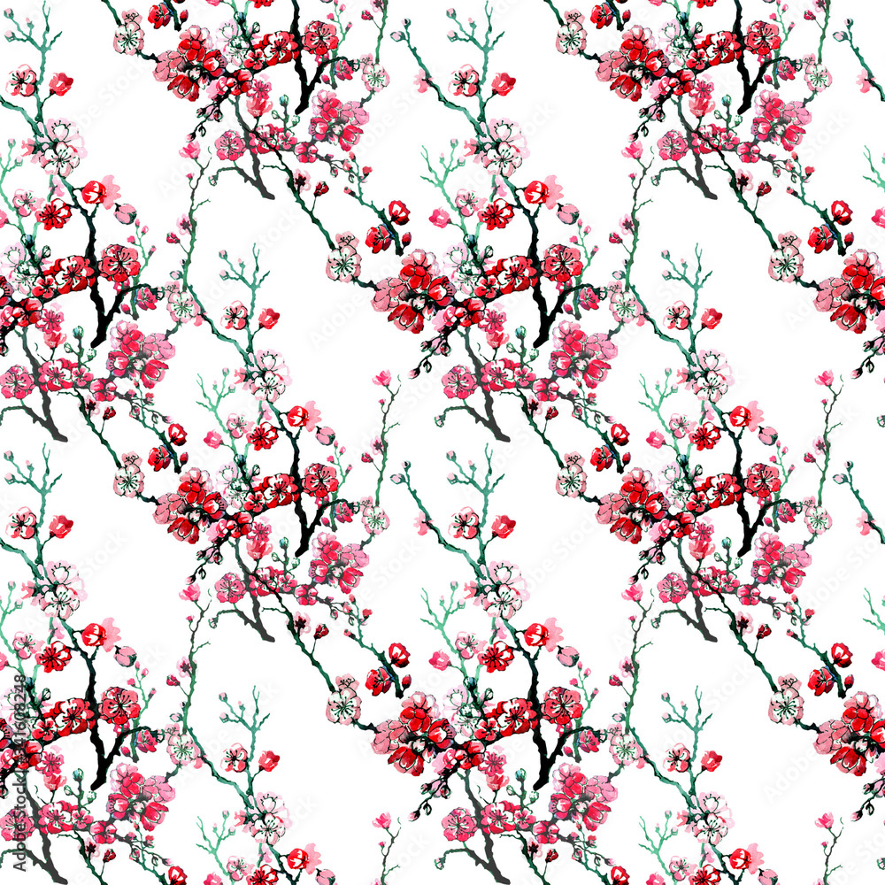 Naklejka premium Seamless pattern textile flowering branches of a cherry white pink
