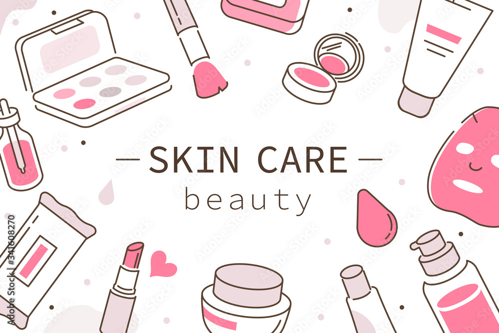 Skin Care and Beauty Template Banner with Text Place. Moisturizing Cream,  Hygienic Products, Serum and other Skin Care Cosmetics. Flat Cartoon Vector  Illustration and Background. Stock Vector | Adobe Stock