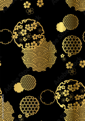 snowflake symbol circle ornamental oriental japanese chinese vector design seamless pattern gold black white