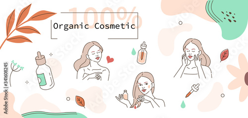 Beauty Girl Take Care of her Face and Use Cosmetic Serum Oil. Woman Applying Organic Serum on Facial Skin, on Hairs and Body. Skin Care Routine. Flat Vector Illustration and Icons set.