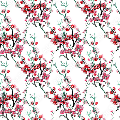 Seamless pattern textile flowering branches of a cherry white pink