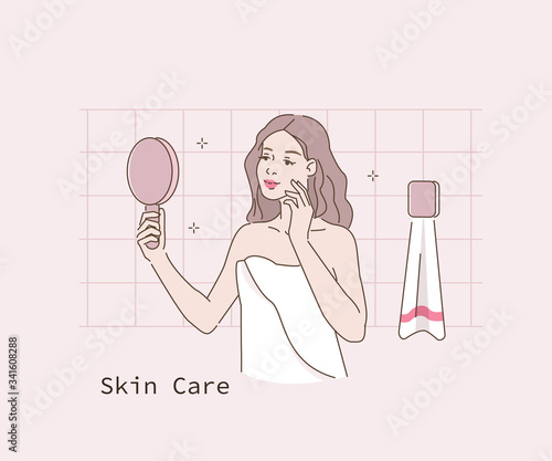 Beauty Girl Looking at Mirror in Bathroom and Touching her Face. Woman Take Care of her Face and Body Skin. Spa Procedures at Home. Skin Care and Hygiene Concept. Flat Cartoon Vector Illustration.