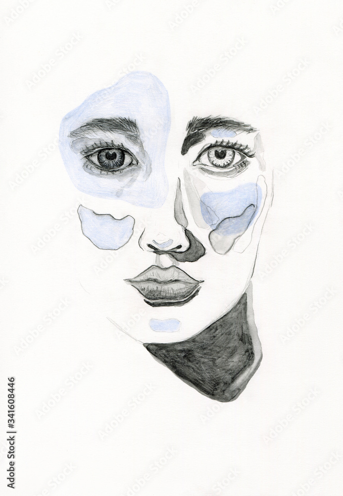 original drawing of abstract graphite face with blue details on white background 