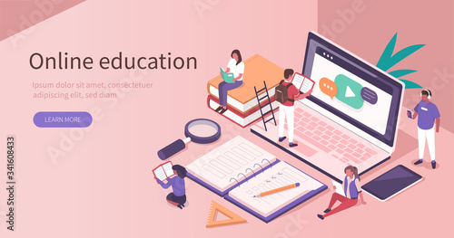 Students Learning Online at Home. People Characters  Looking at Laptop and Studying with Smartphone, Books and Exercise Books. Online Education Concept. Flat Isometric Vector  Illustration.