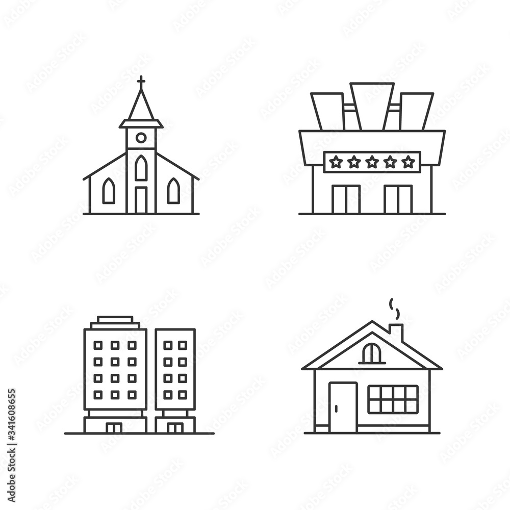 Urban buildings pixel perfect linear icons set