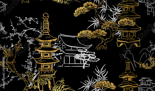 toro stone lighting vector sketch illustration line art japanese chinese oriental design gold black