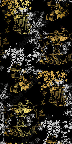 toro stone lighting vector sketch illustration line art japanese chinese oriental design gold black