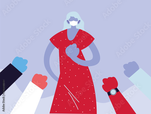 poster woman with medical face mask, fighting coronavirus
