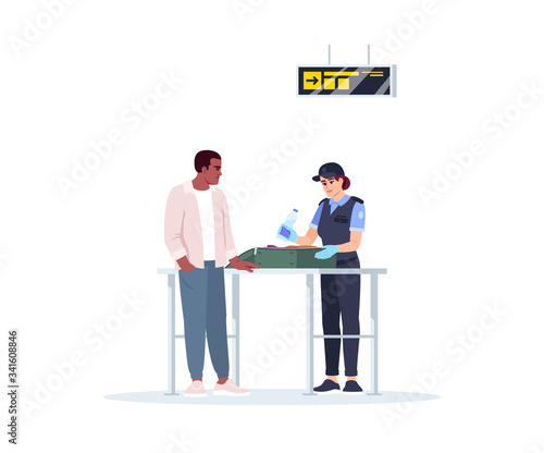 Baggage claim check semi flat RGB color vector illustration. Border control for smuggling. Female officer check bag. Airport passenger and staff member isolated cartoon character on white background